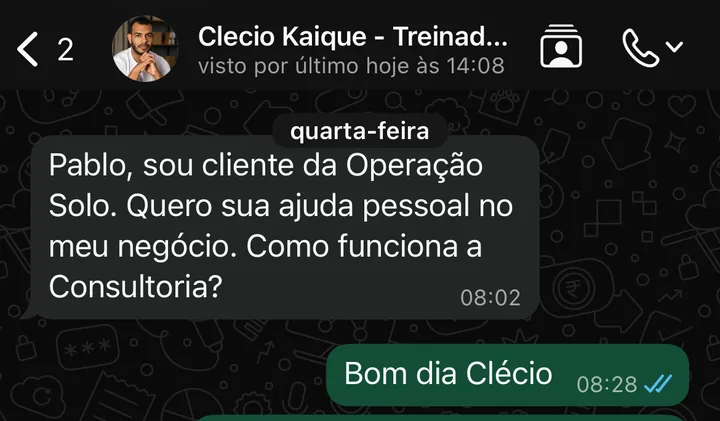Mensagem do cliente pedindo a Consultoria