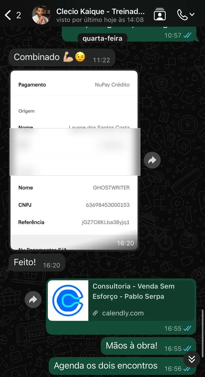 Comprovante de pagamento e agendamento da Consultoria
