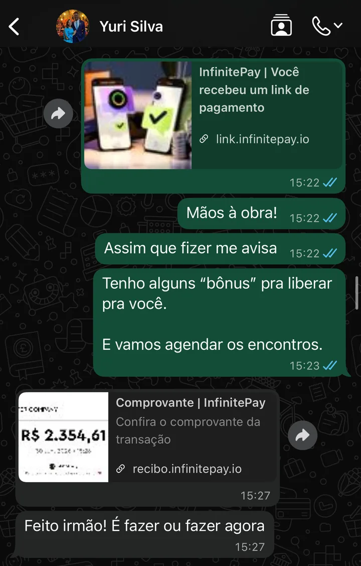 Link de pagamento e comprovante do upgrade